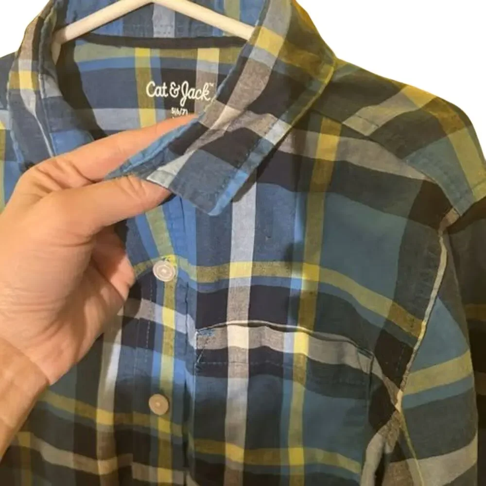 Cat & Jack Boys Blue Green Plaid Button Down S 6/7 FLAW